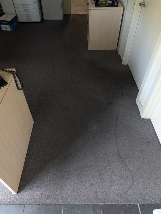 Office carpet before cleaning, dark traffic lanes